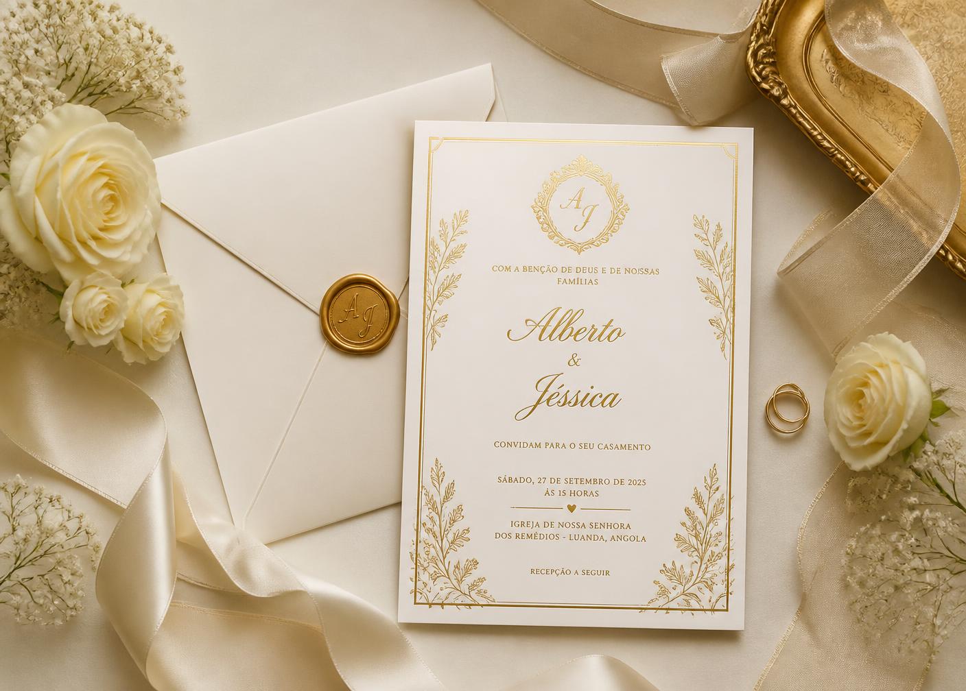 Convite de casamento em dourado sobre tecido marfim